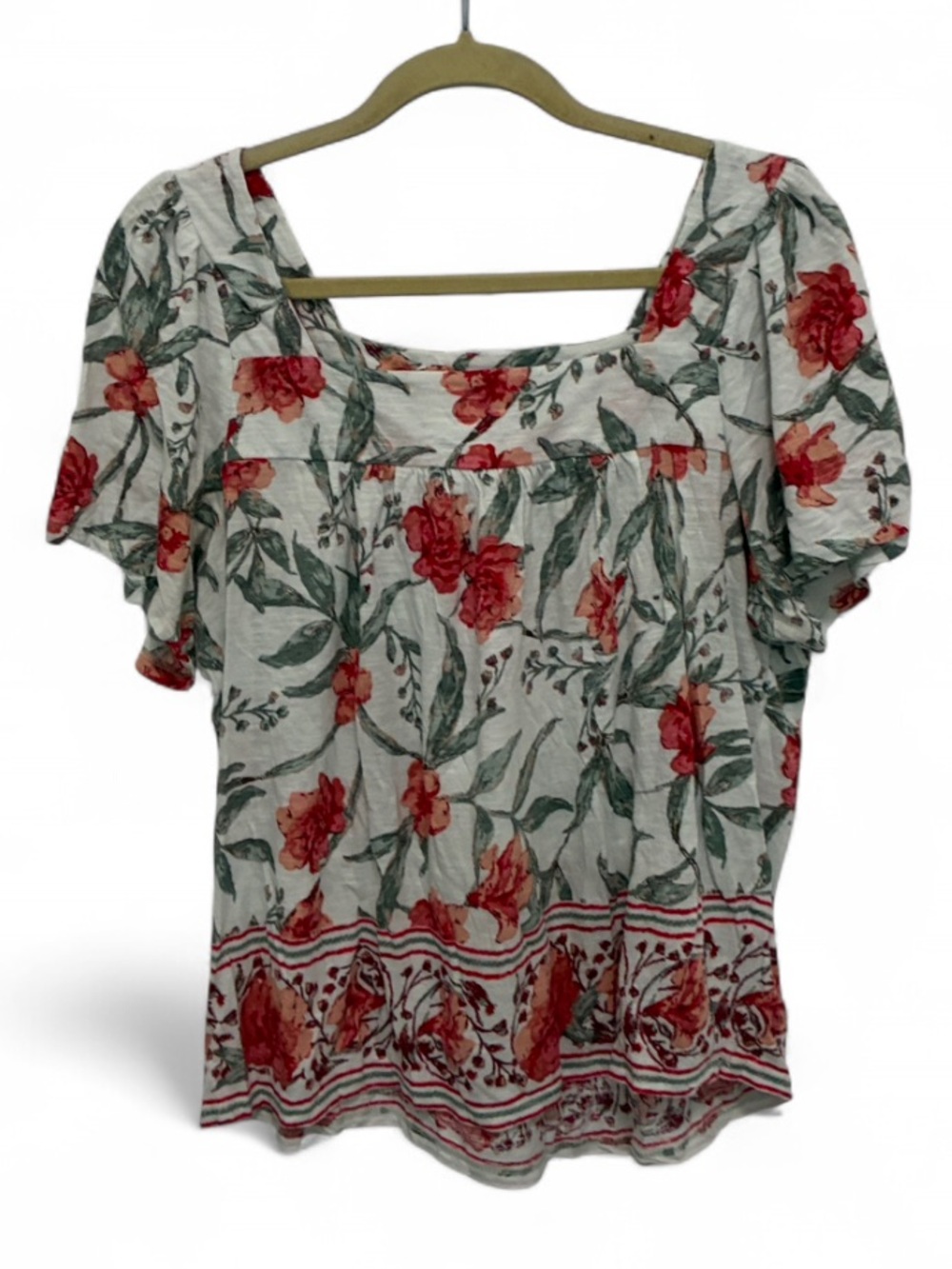 Lucky Brand Off White Red Floral Square-Neck Short Sleeve Boho Blouse